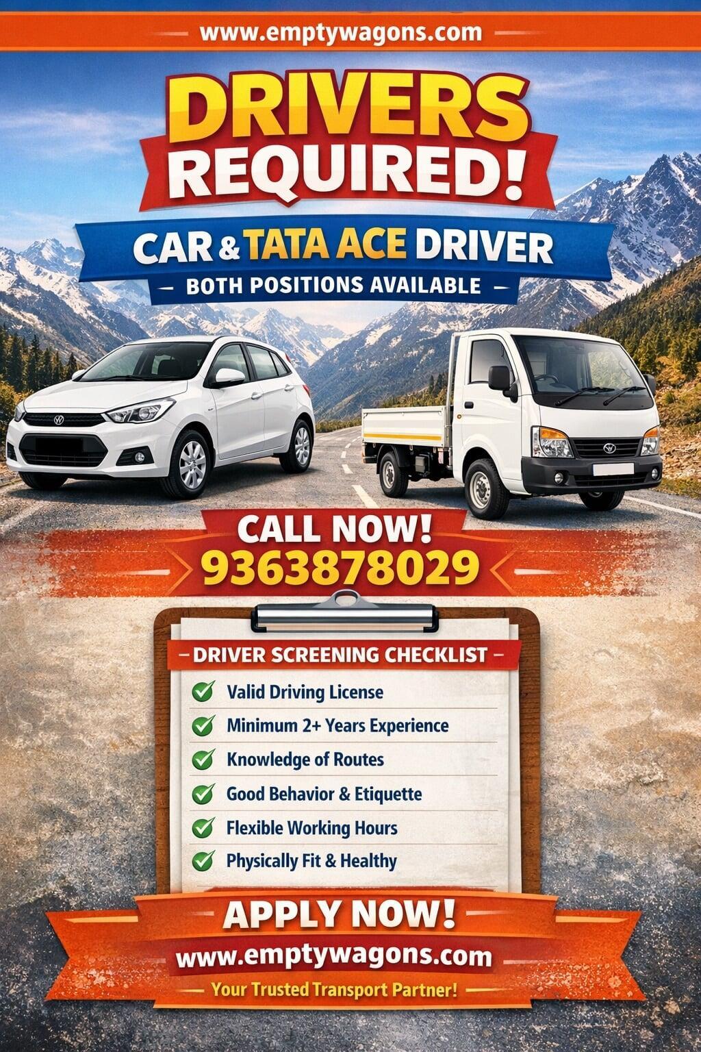சென்னையில் டிரைவர் வேலை கார் டாடா ஏஸ் லாரி டிரைவர் பதிவு EmptyWagons