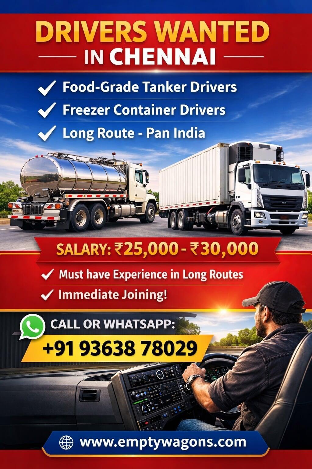 Tanker and freezer container driver jobs India long route salary ₹30000 EmptyWagons