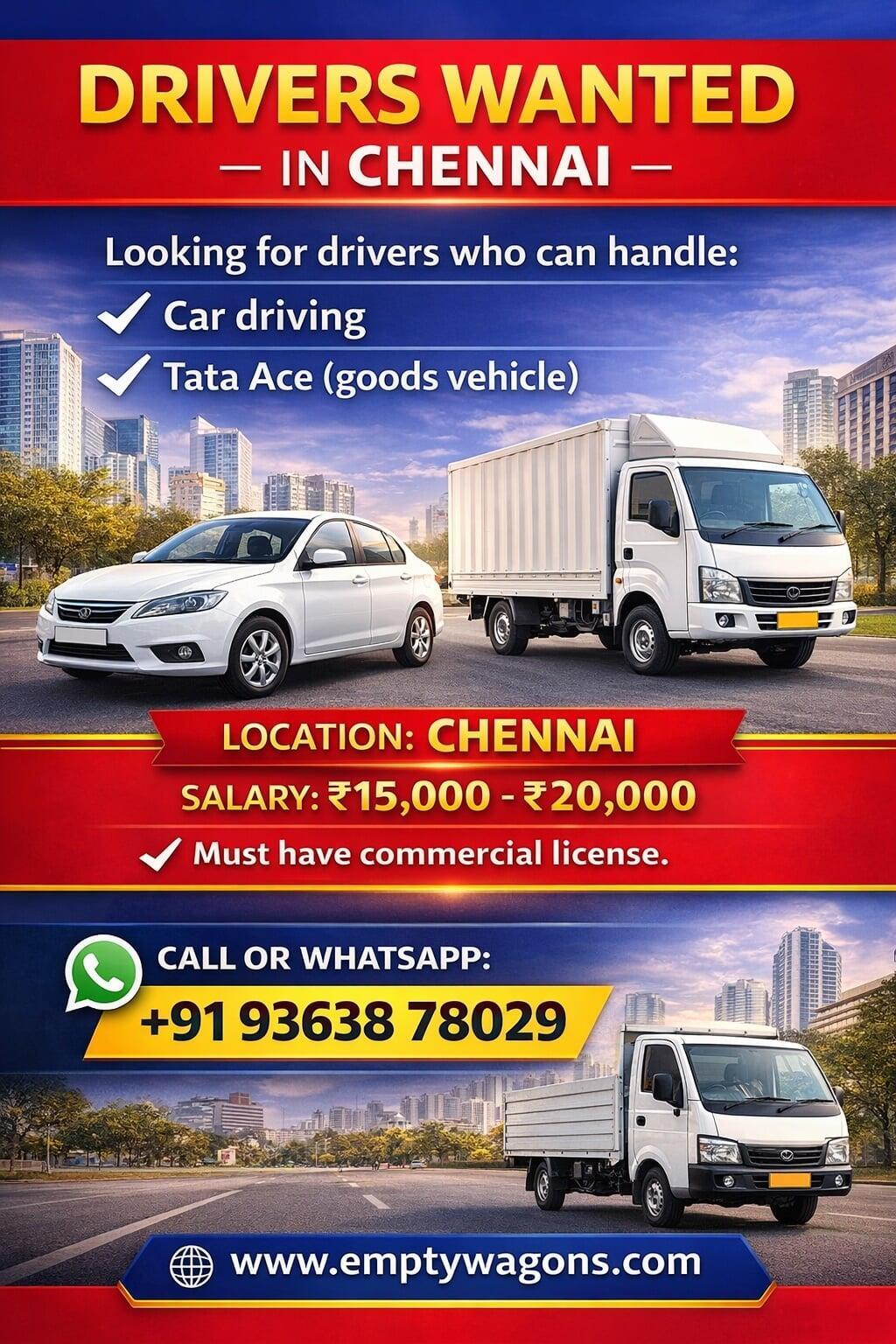 Car and Tata Ace driver jobs in Chennai with salary ₹25000, apply at EmptyWagons driver registration